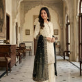 Elegant Off White Fenday Silk Embroidered Sharara Suit Grey Net Dupatta