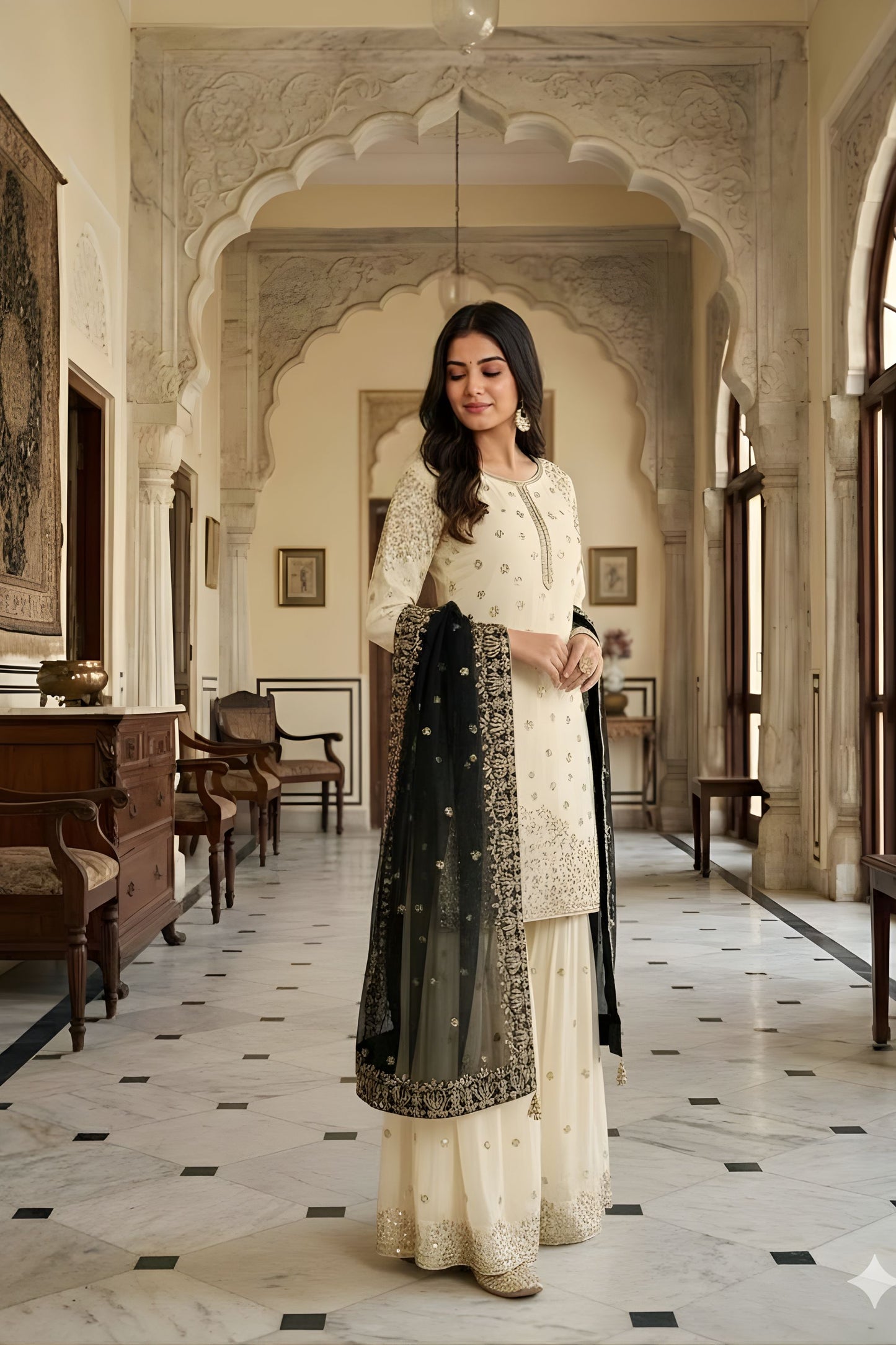 Elegant Off White Fenday Silk Embroidered Sharara Suit Grey Net Dupatta