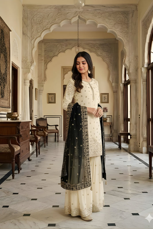 Elegant Off White Fenday Silk Embroidered Sharara Suit Grey Net Dupatta