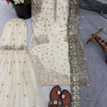 Elegant Off White Fenday Silk Embroidered Sharara Suit Grey Net Dupatta