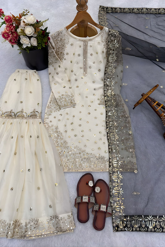 Elegant Off White Fenday Silk Embroidered Sharara Suit Grey Net Dupatta