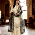 Elegant Off White Georgette Embroidered Sharara Suit Grey Net Dupatta