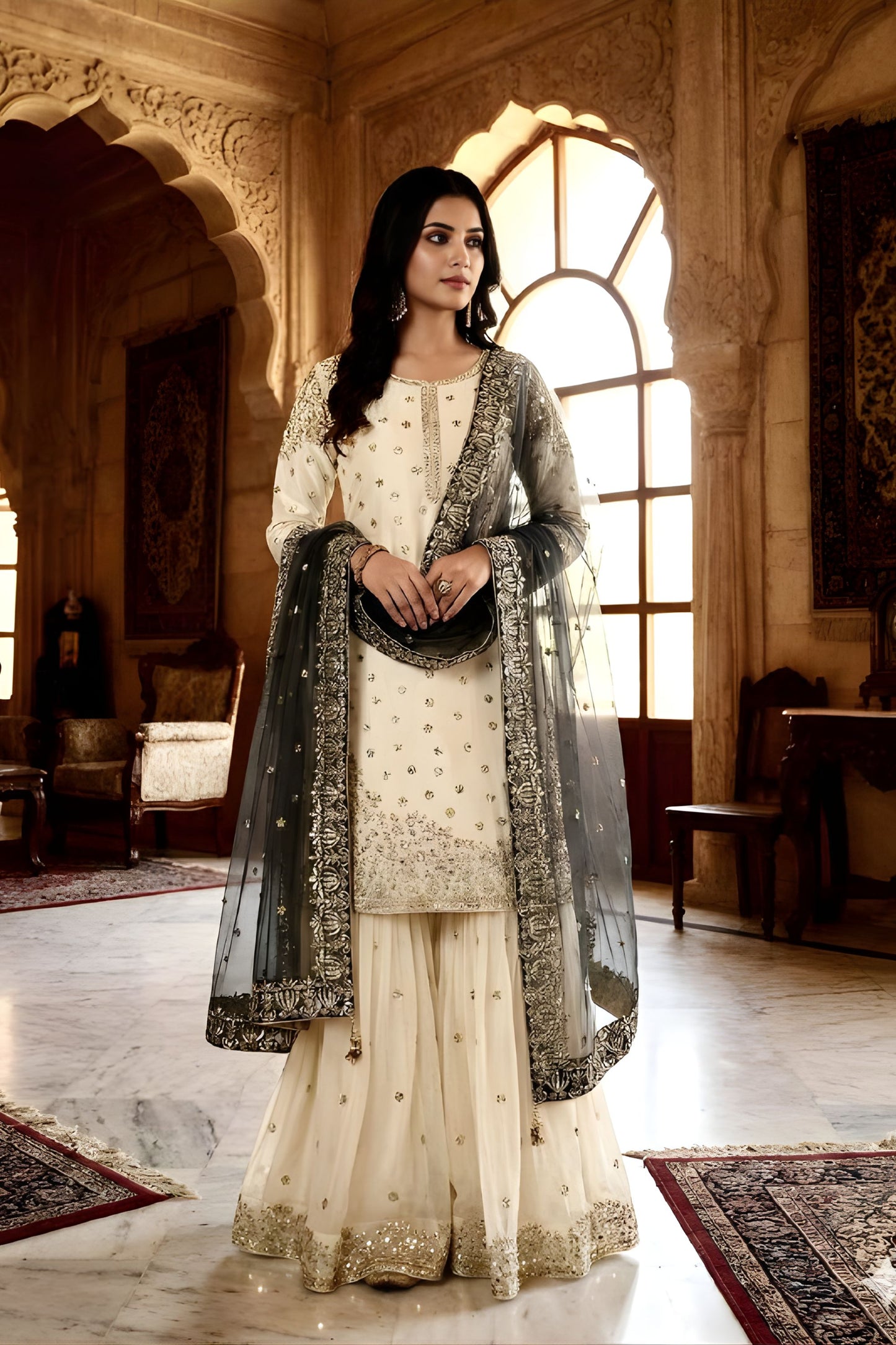 Elegant Off White Georgette Embroidered Sharara Suit Grey Net Dupatta