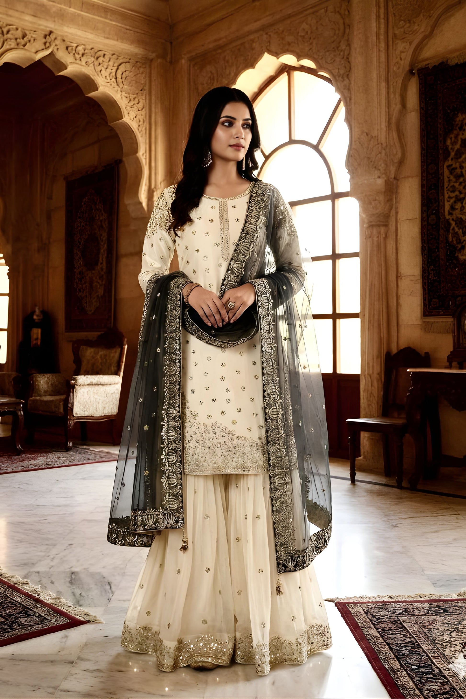 Elegant Off White Georgette Embroidered Sharara Suit Grey Net Dupatta