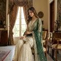 Elegant Off White Fendy Silk Embroidered Sharara Suit Green Net Dupatta
