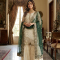 Elegant Off White Fendy Silk Embroidered Sharara Suit Green Net Dupatta