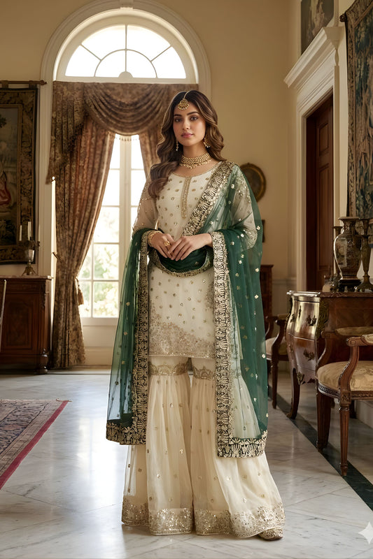 Elegant Off White Fendy Silk Embroidered Sharara Suit Green Net Dupatta