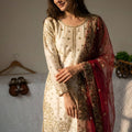 Elegant Off White Fendy Silk Embroidered Sharara Suit Wine Net Dupatta