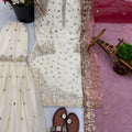 Elegant Off White Fendy Silk Embroidered Sharara Suit Wine Net Dupatta