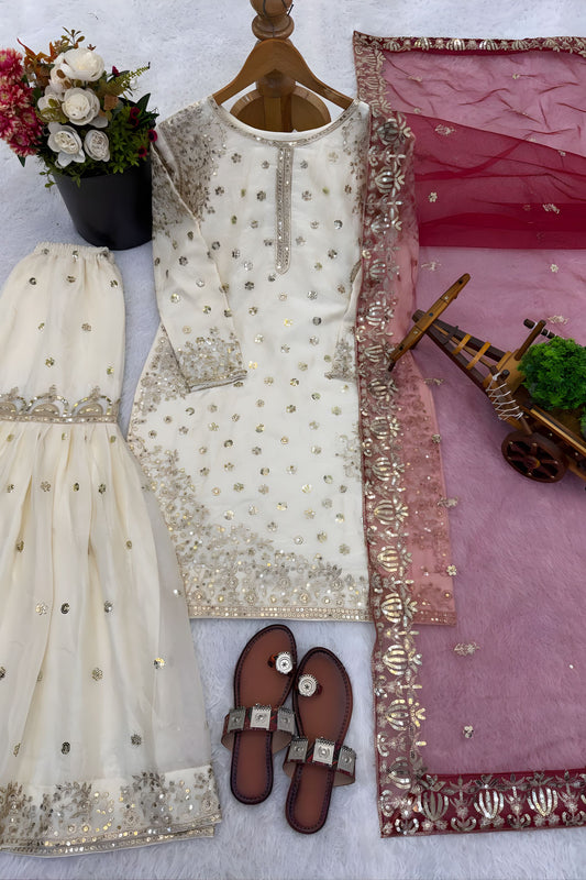 Elegant Off White Fendy Silk Embroidered Sharara Suit Wine Net Dupatta