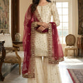 Elegant Off White Fendy Silk Embroidered Sharara Suit Wine Net Dupatta