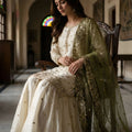Elegant Off White Fendy Silk Embroidered Sharara Suit Olive Green Net Dupatta