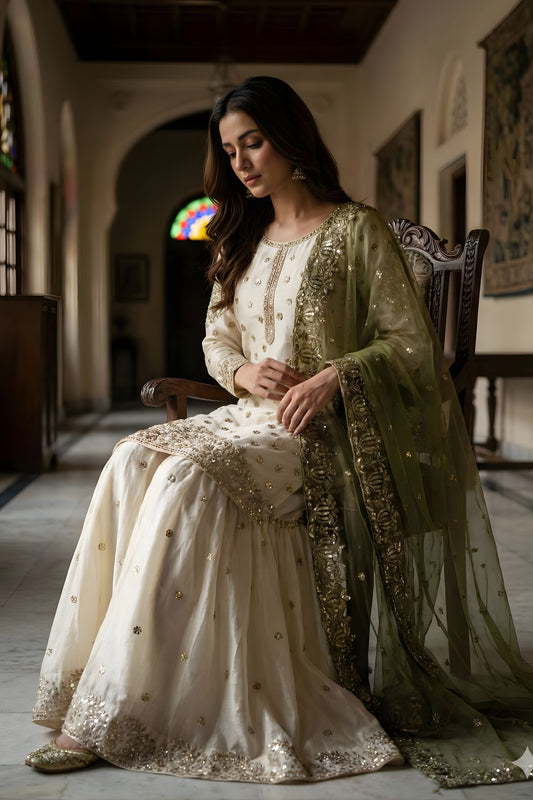 Elegant Off White Fendy Silk Embroidered Sharara Suit Olive Green Net Dupatta