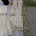 Elegant Off White Fendy Silk Embroidered Sharara Suit Olive Green Net Dupatta