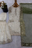 Elegant Off White Fendy Silk Embroidered Sharara Suit Olive Green Net Dupatta