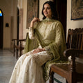 Elegant Off White Fendy Silk Embroidered Sharara Suit Olive Green Net Dupatta