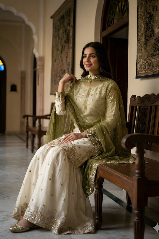 Elegant Off White Fendy Silk Embroidered Sharara Suit Olive Green Net Dupatta