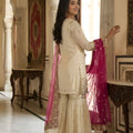 Elegant Off White Fendy Silk Embroidered Sharara Suit Hot Pink Net Dupatta