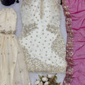 Elegant Off White Fendy Silk Embroidered Sharara Suit Hot Pink Net Dupatta