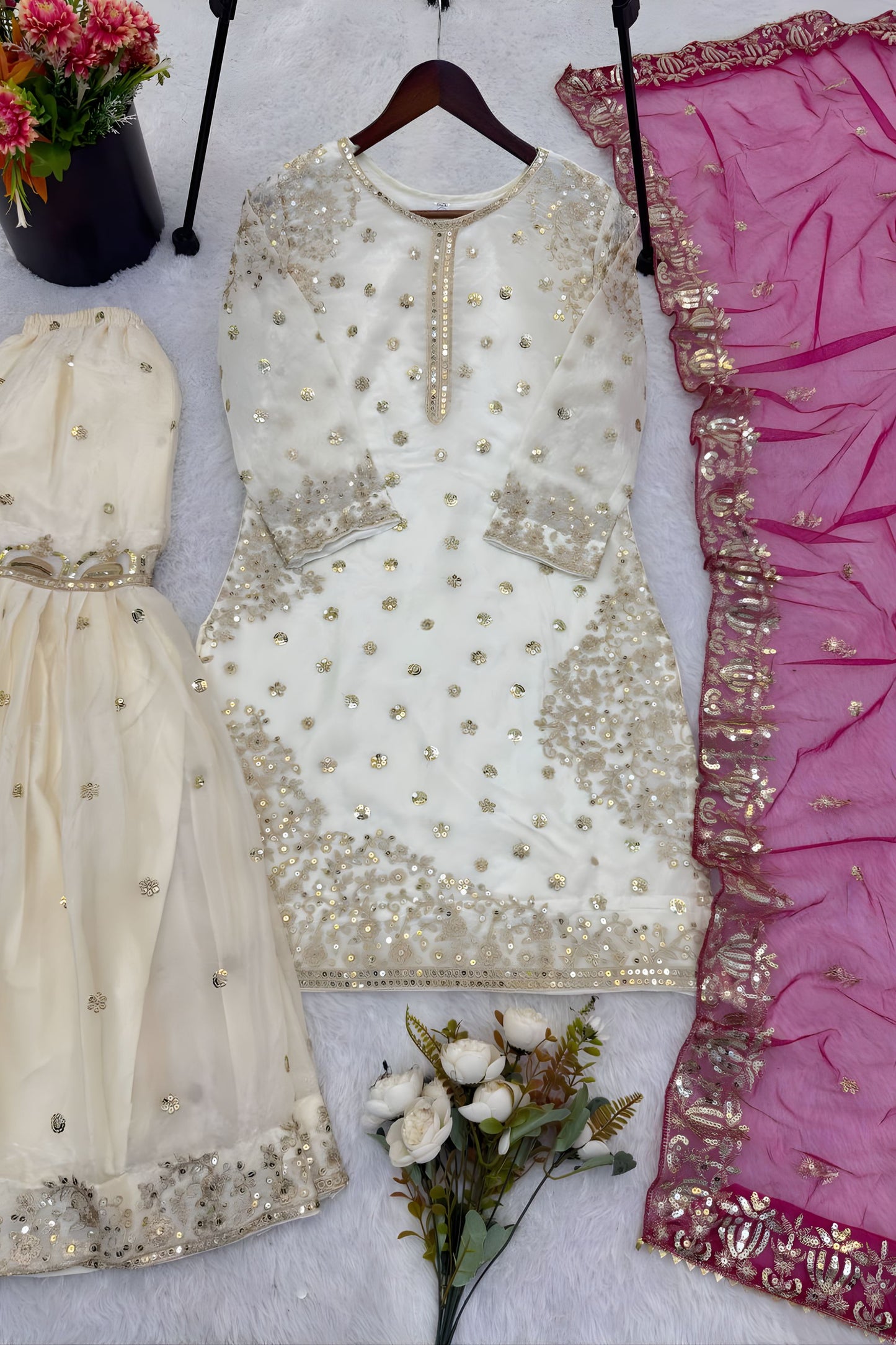 Elegant Off White Fendy Silk Embroidered Sharara Suit Hot Pink Net Dupatta