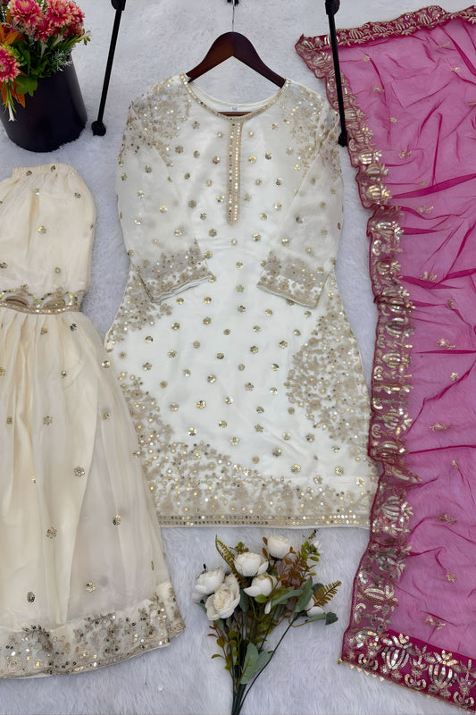Elegant Off White Fendy Silk Embroidered Sharara Suit Hot Pink Net Dupatta