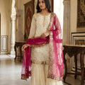 Elegant Off White Fendy Silk Embroidered Sharara Suit Hot Pink Net Dupatta