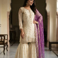 Elegant Off White Fendy Silk Embroidered Sharara Suit Designer Purple Net Dupatta