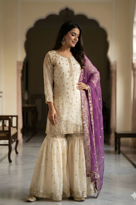 Elegant Off White Fendy Silk Embroidered Sharara Suit Designer Purple Net Dupatta