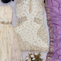 Elegant Off White Fendy Silk Embroidered Sharara Suit Designer Purple Net Dupatta