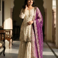 Elegant Off White Fendy Silk Embroidered Sharara Suit Designer Purple Net Dupatta 