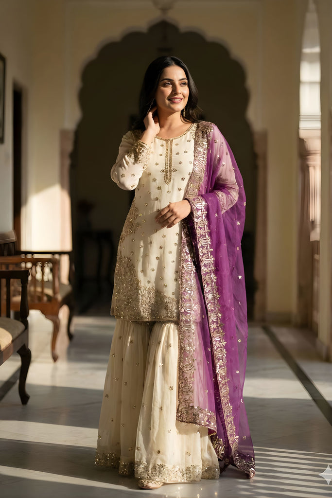 Elegant Off White Fendy Silk Embroidered Sharara Suit Designer Purple Net Dupatta 