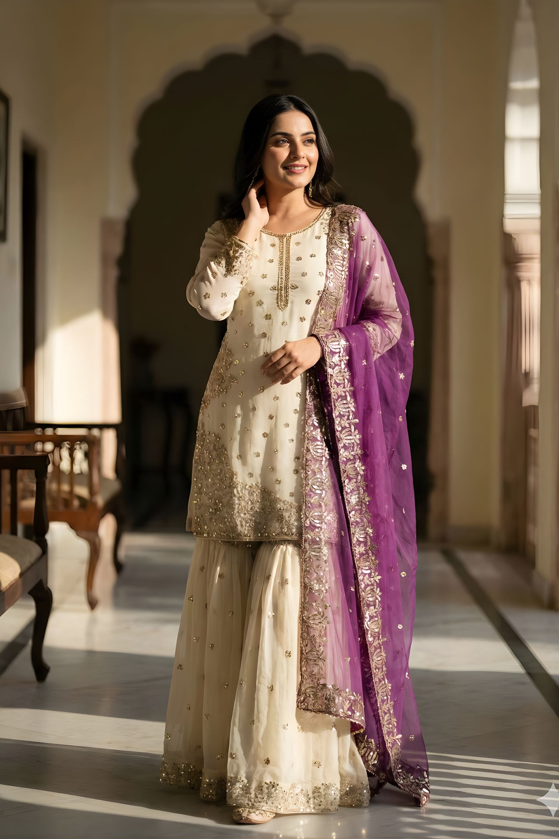 Elegant Off White Fendy Silk Embroidered Sharara Suit Designer Purple Net Dupatta 