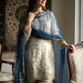 Elegant Off White Fendy Silk Embroidered Sharara Suit Navy Blue Net Dupatta