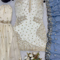 Elegant Off White Fendy Silk Embroidered Sharara Suit Navy Blue Net Dupatta