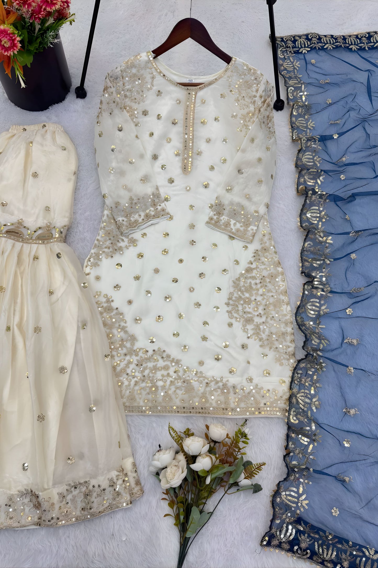 Elegant Off White Fendy Silk Embroidered Sharara Suit Navy Blue Net Dupatta