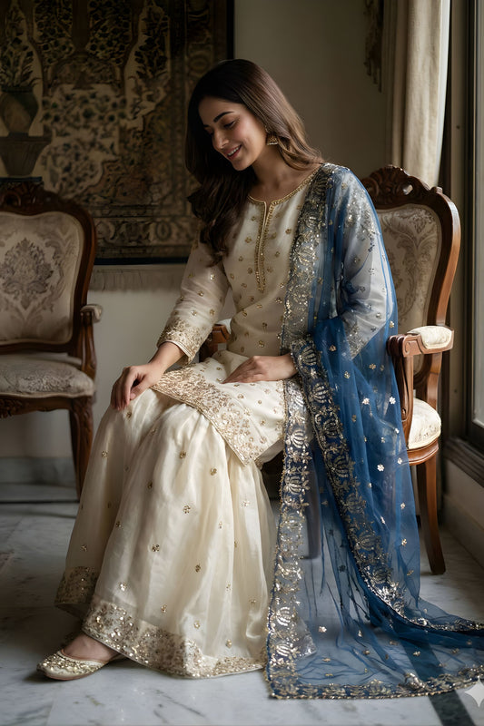 Elegant Off White Fendy Silk Embroidered Sharara Suit Navy Blue Net Dupatta