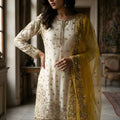 Elegant Off White Fendy Silk Embroidered Sharara Suit Yellow Net Dupatta