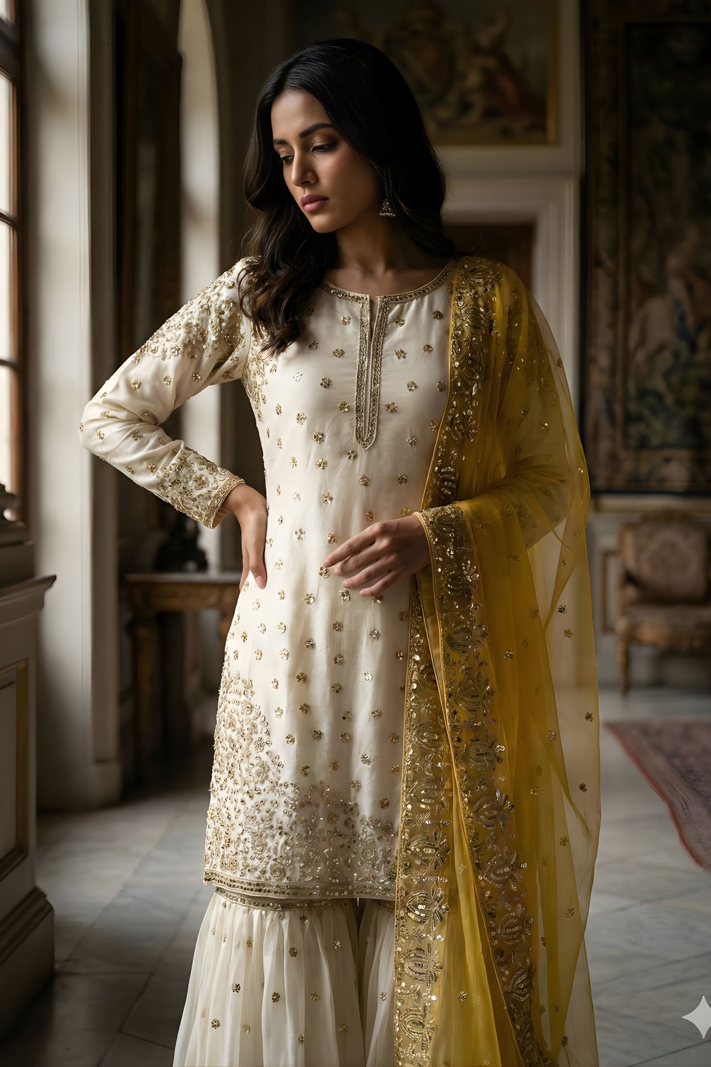 Elegant Off White Fendy Silk Embroidered Sharara Suit Yellow Net Dupatta