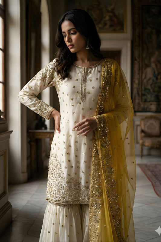 Elegant Off White Fendy Silk Embroidered Sharara Suit Yellow Net Dupatta