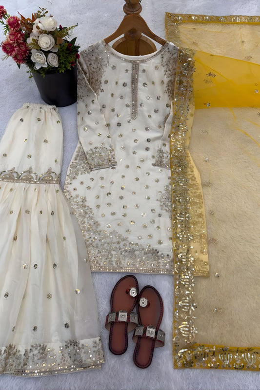 Elegant Off White Fendy Silk Embroidered Sharara Suit Yellow Net Dupatta