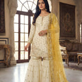 Elegant Off White Fendy Silk Embroidered Sharara Suit Yellow Net Dupatta