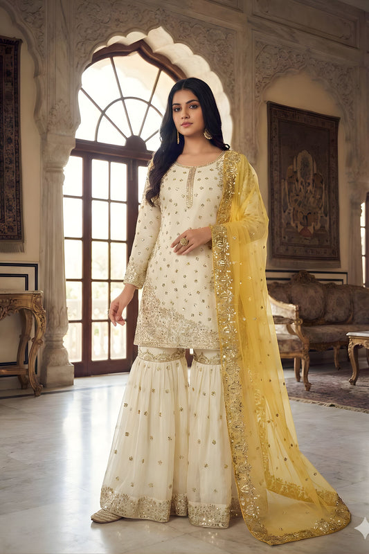 Elegant Off White Fendy Silk Embroidered Sharara Suit Yellow Net Dupatta