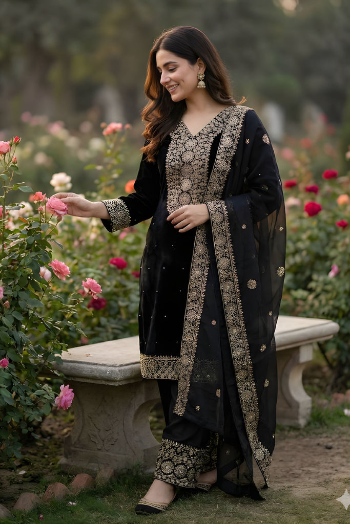 Elegant Black Pure Fendy Silk Heavy Embroidered Straight Salwar Suit Dupatta 