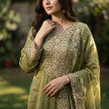 Vibrant Olive Green Pure Fendy Silk Heavy Embroidered Straight Salwar Suit Dupatta