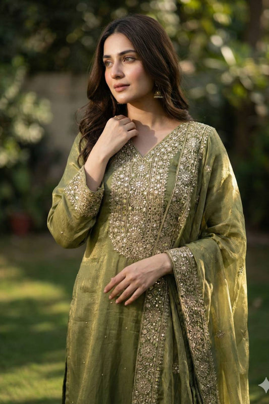 Vibrant Olive Green Pure Fendy Silk Heavy Embroidered Straight Salwar Suit Dupatta