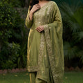 Vibrant Olive Green Pure Fendy Silk Heavy Embroidered Straight Salwar Suit Dupatta