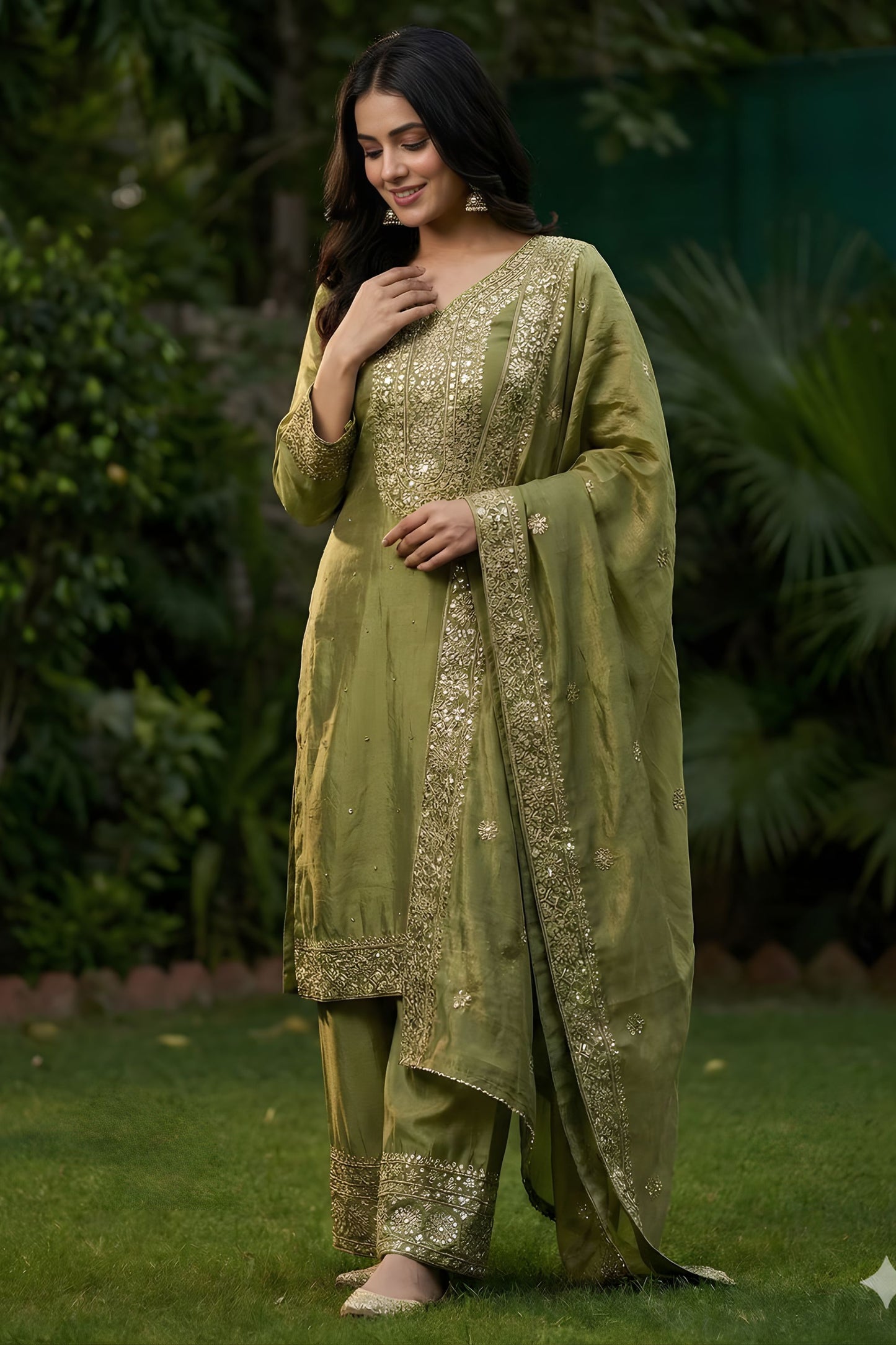 Vibrant Olive Green Pure Fendy Silk Heavy Embroidered Straight Salwar Suit Dupatta