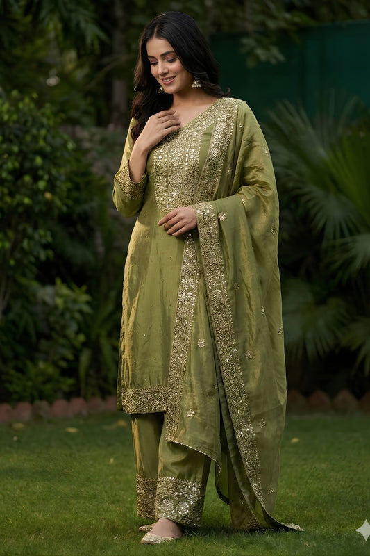 Vibrant Olive Green Pure Fendy Silk Heavy Embroidered Straight Salwar Suit Dupatta