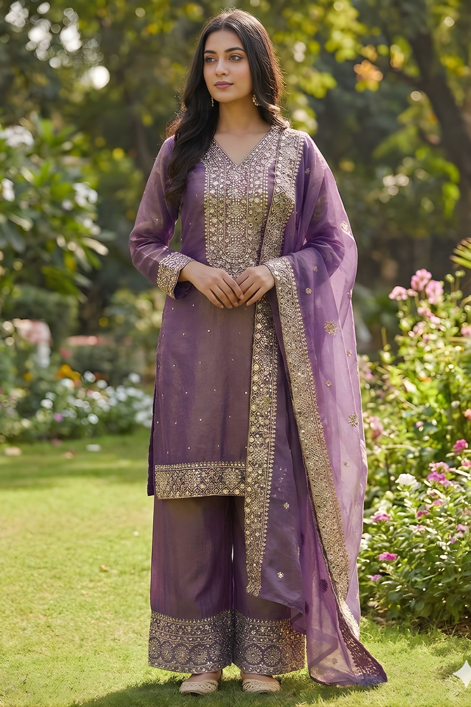 Elegant Purple Pure Fendy Silk Heavy Embroidered Straight Salwar Suit Dupatta