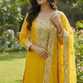 Wonderful Mustard Yellow Pure Fendy Silk Heavy Embroidered Straight Salwar Suit Dupatta